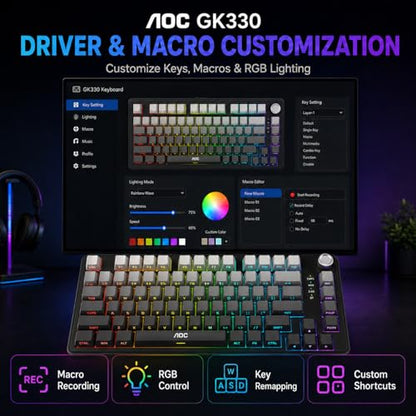 AOC GK330 75% Wireless Mechanical Gaming Keyboard, Hot-Swappable 3-Mode RGB | BT/2.4GHz/USB-C Connectivity, Pre-Lubed Reaper Switches, Anti-Ghosting, Gasket Mount and 5-Layer Sound-Dampening Padding