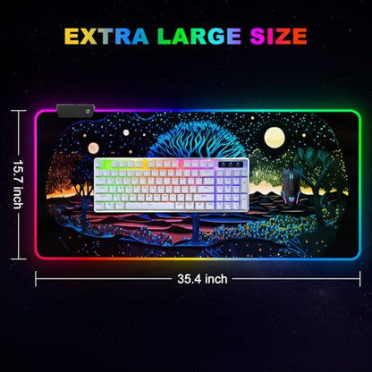 ARTSO Extra Large RGB Gaming Mouse Pad with 14 Light Modes, Extended Soft LED Mousepad, Anti-Slip Rubber Base, Computer Keyboard Mat (35.4 x15.7 Inch), Mysterious Tree - color: Mysterious Tree