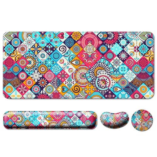 4 in 1 Mouse Pad and Keyboard Wrist Rest,Large Desk Mat,Coaster Set-Mandala | Desk Matt For Desktop Wrist Rest Support XXL Gaming Cute Ergonomic for Computer Laptop Women Office Home Decor - color: K1-mandala