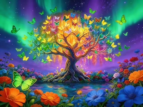 Colorful Butterfly Trees Puzzle for Adults 500 Pieces，21x15 Inches | Tree of Life Jigsaw Puzzle Aurora Tree, 1:1 Poster Included, Letter on The Back，Challenging Puzzle Perfect for Game Nights - color: Tree of Life
