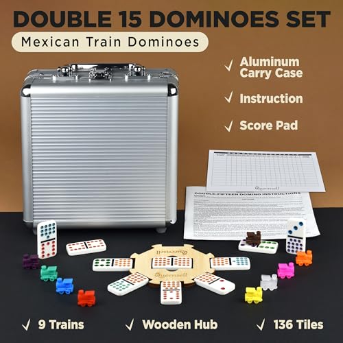 Queensell Mexican Train Dominoes Set Double 15 for Adults and Family, Mexican Train Double 15 Dominoes Set Colored Dot - 136 Tiles, 9 Trains, Wooden Hub, Aluminum Case (Double 15) - style: Double 15