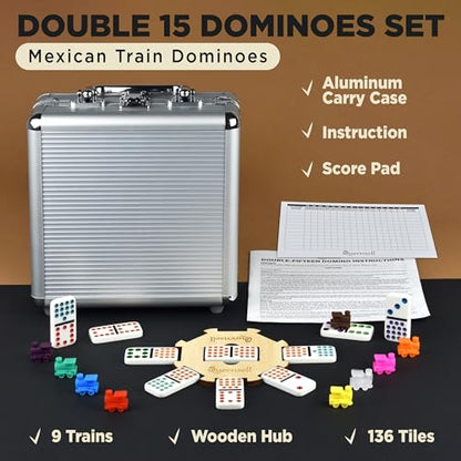 Queensell Mexican Train Dominoes Set Double 15 for Adults and Family, Mexican Train Double 15 Dominoes Set Colored Dot - 136 Tiles, 9 Trains, Wooden Hub, Aluminum Case (Double 15) - style: Double 15