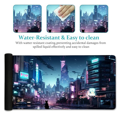 LIMKRIAN Cyberpunk Mouse Pad, Japanese Anime Cat Neon Tokyo Desk Mat Pad | Stitched Edges, Non-Slip, Large Mouse Pads for Desktop Computer Laptop Office Work Game Home, 31.5x11.8 in, Desk Accessories - color: Neon Tokyo