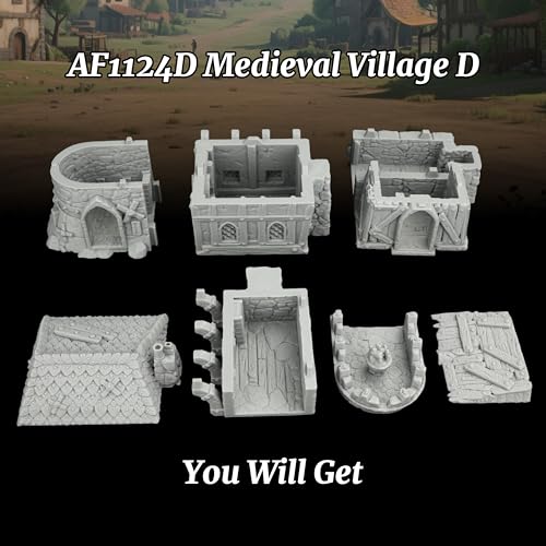AUSPDICE Stone and Timber Dwelling RPG Terrain, 25mm Medieval Scenery | 1:64 Unpainted 3D Printed Medieval Village Fantasy Building, DND Terrain for Dungeons and Dragons, TTRPG Map Props-AF1124D - color: Af1124d Medieval Village D