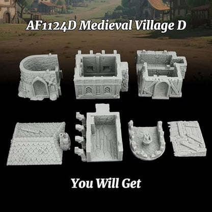 AUSPDICE Stone and Timber Dwelling RPG Terrain, 25mm Medieval Scenery | 1:64 Unpainted 3D Printed Medieval Village Fantasy Building, DND Terrain for Dungeons and Dragons, TTRPG Map Props-AF1124D - color: Af1124d Medieval Village D