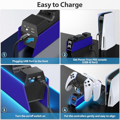 Controller Charger Station Compatible with Play 5 Faceplates Edge & Dual Controller, 9 Lightings P 5 Accessories Charging Station, P 5 Dock Stand with LED Indicator & On-Off Switch, Cobalt Blue for PlayStation Consoles - color: Cobalt Blue