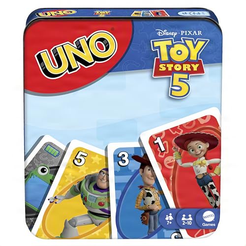Mattel Games UNO Disney and Pixar Toy Story 5 Card Game | Movie-Inspired Deck with Special Movie Fule, For Kid & Family Nights, Play During Parties, Travel & Camping