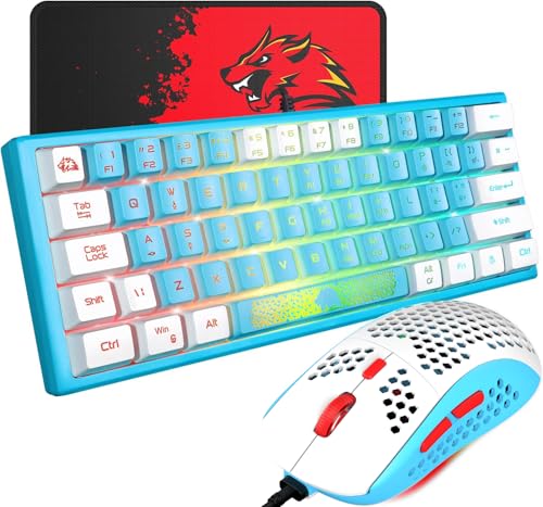 60% Gaming Keyboard and Mouse Combo Duble Color Keycaps Samll RGB Backlight Mechanical Feeling and Mechanical RGB 6400 DPI Honeycomb Optical Mouse,Gaming Mouse pad for Gamers and Typists - color: Blue & White