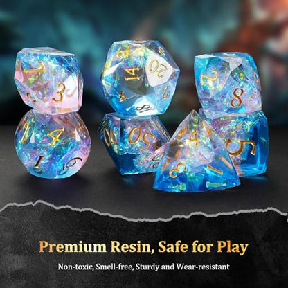 MoKo Resin DND Dice Set, 7PCS Sharp Edge Polyhedral, Pink+Blue | Gold Numbers, D&D RPG Tabletop Games, Gift Box Storage Bag, D20 D12 D10 D8 D6 D4 D% - color: 2 - Pink+blue