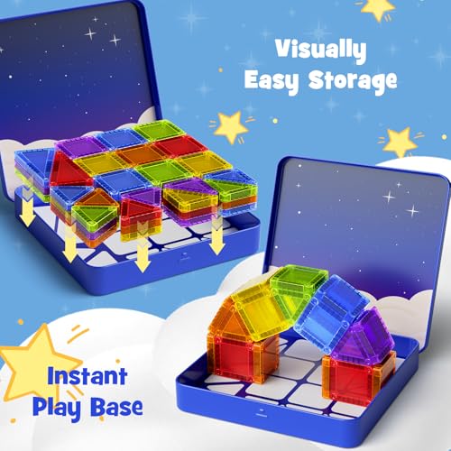 Mini Magnetic Tiles Travel Kit: 60Pcs Airplane Activities & Road Trip Toys | Visual Storage Box & Metal Play Base - Portable STEM Sensory Building Blocks for Toddlers & Kids Ages 3-8 - style: Mini Magnetic Tiles Travel Construction Set - 60PCS