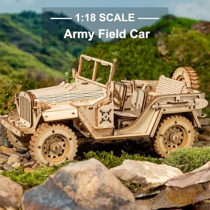 ROKR 3D Wooden Puzzle for Adults Mechanical Car Model-DIY Building Vehicle Kits-Brain Teaser Toys-Gift for Men Women on Birthday/Christmas Day (Army Field Car)