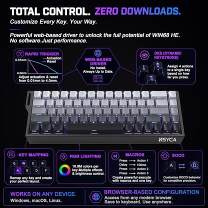 WIN68 HE Hall Effect Keyboard, Rapid Trigger Magnetic Gaming Keyboard, 8000Hz Polling Rate, DKS & SOCD, 0.01mm Adjustable Actuation, RGB PBT Keycaps, 60% Wired Keyboard for FPS Gaming PC & Mac - color: WIN68 Black Side-Printed