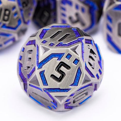 Metal DND Sci-fi Dice Set 7PCS Stripe Polyhedral Dice for Dungeons Dragons RPG Role Playing Game, Glitter D and D Dice with Gift Box D6 D8 D10 D12 D20 (Blue Purple&Grey) - color: Silver Gray - Blue
