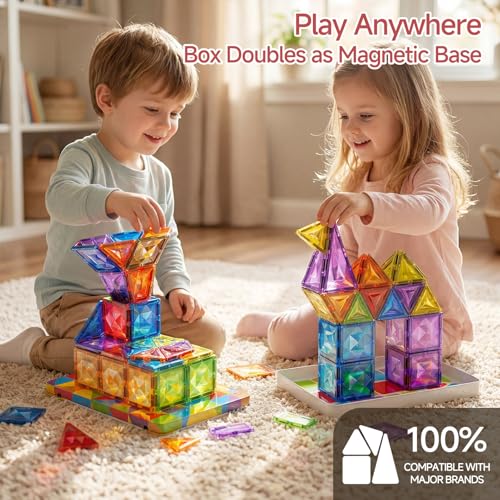 Large Diamond Magnetic Building Tiles: 48 PCS Deluxe 3D Play Blocks | 3x Sparkling Transparent Cut - 7.5cm Big Size STEM Sensory Toy with Tin Box Storage Organizer for Toddlers Age 3-6 Birthday - style: Large Magnetic Tiles - 48PCS