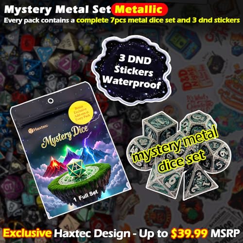Haxtec Mystery Metal DND Dice Set 7pcs Polyhedral Dice + 3 Funny Waterproof Stickers, Metal Dice for Dungeons & Dragons, Chance to Win Hollow Metal Dice, Great DND Gift, No Duplicates in 2/5 Packs - style: Metallic