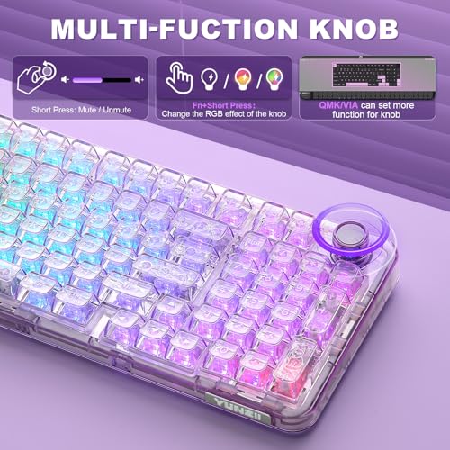 YUNZII X98 Wireless Mechanical Keyboard with Knob (Purple, Crystal Switch) | BT5.0/USB-C/2.4GHz,1800 Layout with Number Pad,Pre-lubed Switches Gasket Mount ,Clear Keyboard with RGB for Wins/Mac/Gaming - color: Purple, size: Crystal Switch