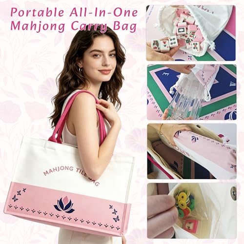 American Mahjong Game Set Complete with 166 Pink Tiles, Noise Reducing Mat, 4 All-in-One Rack/Pushers, Pink Bag & Accessories - Suitable for Adults and Beginners