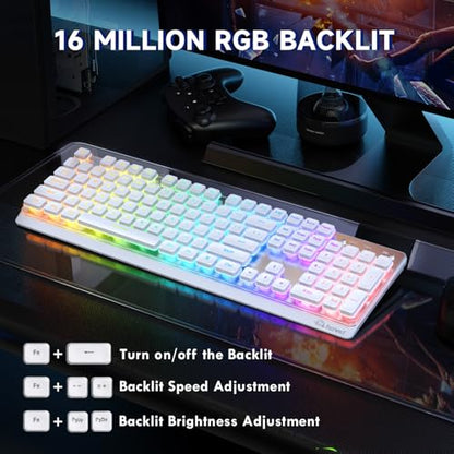 Free wolf M104 Wireless Gaming Keyboard with Numeric Keypad Tri-Mode(2.4Ghz/Wired/Bluetooth) Membrane Full Size Mechanical Feel Metal Panel RGB 4000MAH Rechargeable Quiet for PC/MAC/Win Gamer-White - color: White