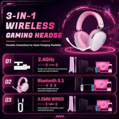 Acer 2.4GHz Wireless Gaming Headsets for PS5, PS4, PC, Switch, Tri-Mode Gaming Headphones with Noise Canceling Mic, Stereo Sound, 40+Hr Battery, 50mm Drivers - PinkWhite - color: PinkWhite