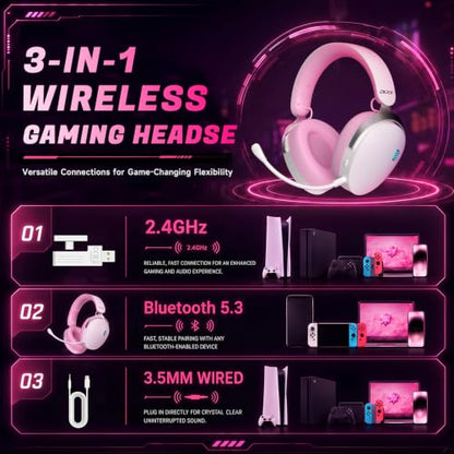 Acer 2.4GHz Wireless Gaming Headsets for PS5, PS4, PC, Switch, Tri-Mode Gaming Headphones with Noise Canceling Mic, Stereo Sound, 40+Hr Battery, 50mm Drivers - PinkWhite - color: PinkWhite