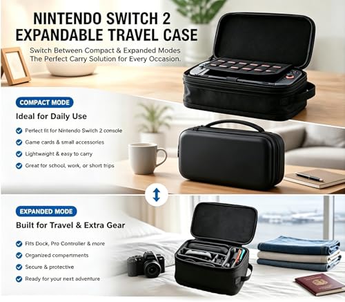 Veastar Switch 2 All in One Carrying Case in large storage capacity | Expandable storage feature ,Adjustable Organized storage, Fits dock and controllers, 2 in 1 mode for daily use and travel.