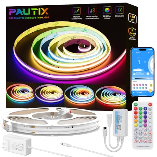 PAUTIX RGB Smart IC COB LED Strip Light Addressable 9.84ft/3m,UL-Listed DC24V Color Chasing Strip Light Multicolor Flexible Tape Lights Kit with Remote,for Cabinets,TV,Bedroom,Party DIY Decoration - size: 9.84 ft