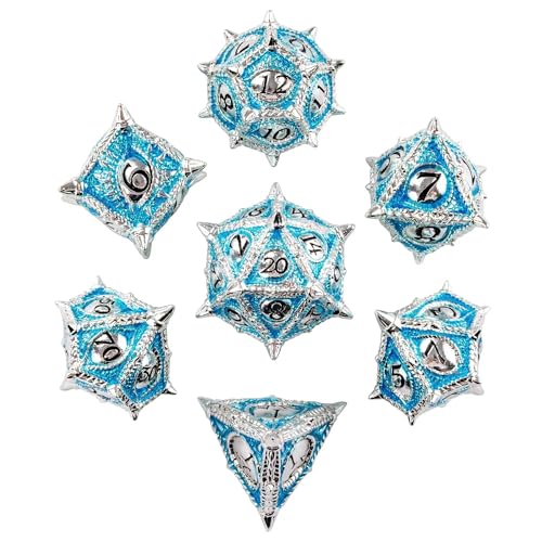 Metal DND Dice Set Blue Dragon Eye Metal Dice Set for Tabletop Games | Leather Storage Bag, DM Gift, for Dungeons and Dragons Role Playing Games - color: Dragon-silver Blue