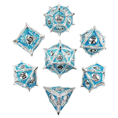 Metal DND Dice Set Blue Dragon Eye Metal Dice Set for Tabletop Games | Leather Storage Bag, DM Gift, for Dungeons and Dragons Role Playing Games - color: Dragon-silver Blue
