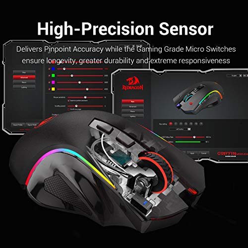Redragon M602 Griffin RGB Gaming Mouse, Tri-Mode 2.4G/USB-C/Bluetooth Mouse Gaming, RGB Spectrum Backlit Ergonomic Mouse with 7 Programmable Backlight Modes up to 8000 DPI for Win PC Gamers (Wireless) - color: Black