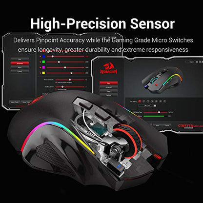 Redragon M602 Griffin RGB Gaming Mouse, Tri-Mode 2.4G/USB-C/Bluetooth Mouse Gaming, RGB Spectrum Backlit Ergonomic Mouse with 7 Programmable Backlight Modes up to 8000 DPI for Win PC Gamers (Wireless) - color: Black
