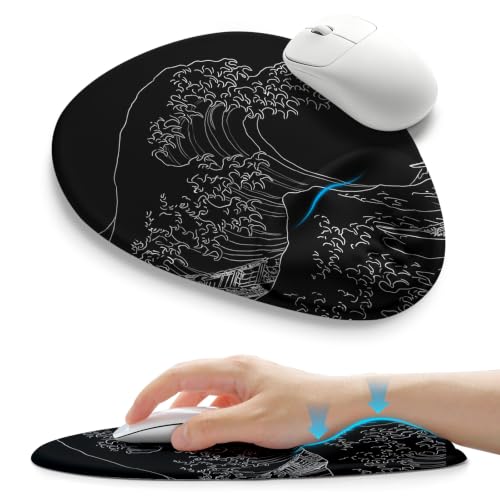 Palm-Rest and Wrist-Hugging Mouse Pad Wrist Rest, Ergonomic Wrist Support with Curve Fitting Cushioned Memory Foam for Carpal Tunnel Pain Relief, 9.9 x 8.3 Inch, Waves - color: Waves