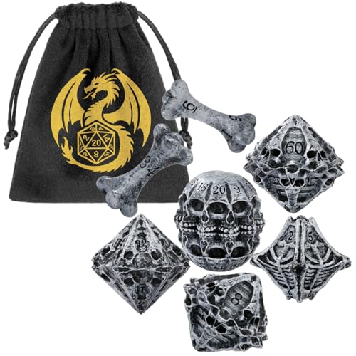 DND Dice Set, Features Skeleton Theme Dice Set, Resin Material, DND Starter Set, 7pcs Polyhedral Dice Set with Dice Bag, Role Playing Board Games Accessories, Grey
