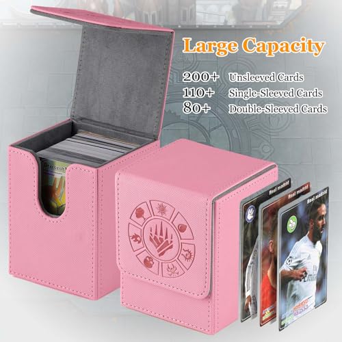 Arkeiliy Card Deck Box, 110+ Storage MTG Deck Box with 50 Pcs Card Sleeve, Collectible Trading Card Cases for Magic Commander and More (Pink) - color: Pink