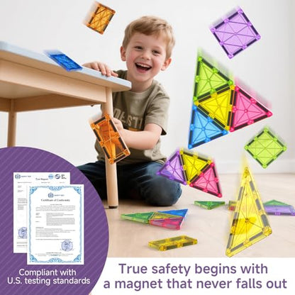 Premium Magnetic Tiles 100pcs: Durable STEM Building Blocks Kids 3-8 | Iron case with handle, lid as play base. 7.5cm tiles, sealed, ASTM & CPSIA safe. Montessori STEM for preschool. Gift 3-8 - size: 100 PCS