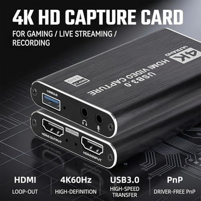 4K HDMI Capture Card USB 3.0 – 1080P 60FPS Gaming & Streaming Video Capture Card with HDMI Loop-Out, Plug & Play, No Driver Needed