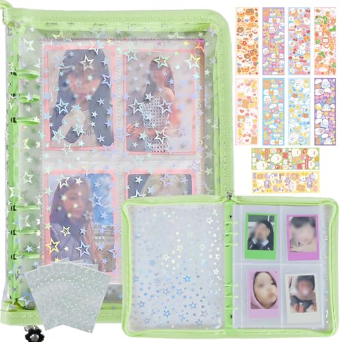 Kpop Photocard Binder with 6 Stickers Sheet & 50 Shinning Protective Sleeves Kpop Photocard Holder Book with Kpop Photocard, A5 Binder Photocard Album 30 Inner Pages with 240 Pockets (Green) - color: Green