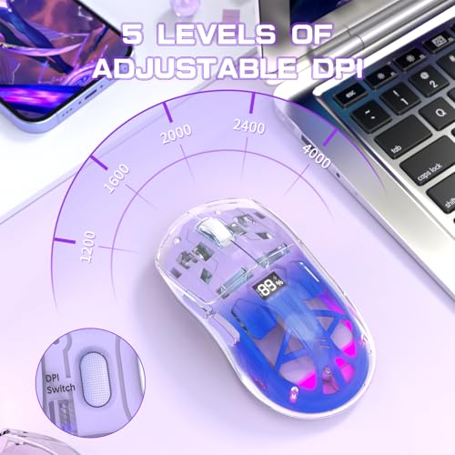 ZIYOU LANG A2 Transparent Wireless Gaming Mouse with Battery Level Display,Bluetooth/2.4G Wireless PC Mice,3D RGB Backlit,5 Million Clicks,PixArt 3212,up to 4000 DPI for Win/MAC,Purple - color: Purple