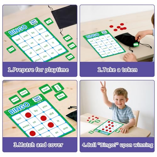 Sight Word Bingo Game, Learn to Read Vocabulary, Level 1 & Level 2 Bingo Board Game for Kindergarten, Preschool Learning Activities, Family Matching Games, Perfect for Classroom & Homeschool - style: Sight Words