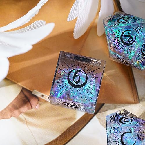 Cusdie Sharp Edges DND Dice, 7 PCs Moon Dice Set D&D Dice, Handcrafted Polyhedral Dice Set, for Role Playing Game Pathfinder(Moon/Black) - color: Moon Pattern-transparent Black