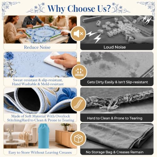 Blue Mahjong Mat for Table & 50PCS Stickers| Carrying Bag, Heavy Floral Mahjong Mats & 2 Dices, Noise Reduction Non Slip Foldable, 31.5x31.5 Game Table Cover, for Playing Card, Board Tile Games - color: Blue
