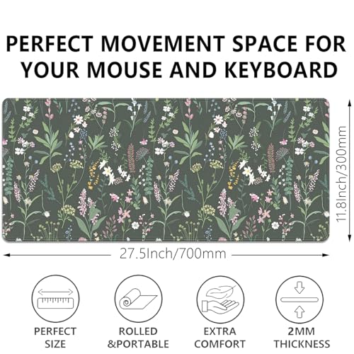 Green Plant and Floral Mouse Pad,Large Flowers Mousepad Desk Pad with Stitched Edges,Non-Slip Waterproof Rubber Base Mouse Mat for Office Computer Keyboard Laptop Home 27.5x11.8 in - color: Black background with small flowers