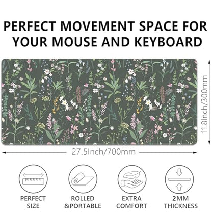 Green Plant and Floral Mouse Pad,Large Flowers Mousepad Desk Pad with Stitched Edges,Non-Slip Waterproof Rubber Base Mouse Mat for Office Computer Keyboard Laptop Home 27.5x11.8 in - color: Black background with small flowers