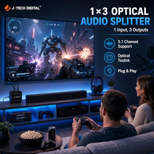 J-Tech Digital Optical Splitter 1 in 3 Out for TV, Toslink Splitter 1x3 SPDIF Audio Splitter 1:1 Transmission Support LPCM2.0, DTS, Dolby Digital