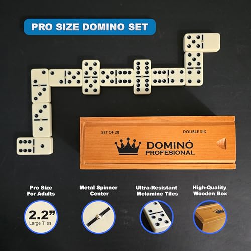 Professional Size Domino Set for Adults, Double Six Dominoes Set with 28 Melamine Tiles, Metal Spinner Center, Large 2.2" Domino Game with Premium Wooden Storage Box, Gift for Men