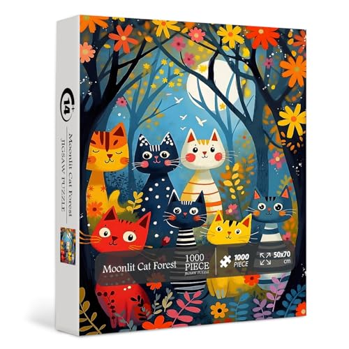 Moonlit Cat Forest Jigsaw Puzzles 1000 Pieces, PICKFORU Colorful Animal Puzzles for Adults, Challenging Unique Art Puzzle