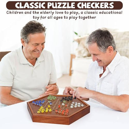 15-Inch Wooden Chinese Checkers Board Game Set – Classic Strategy Game with 72 Glass Marbles, Dual-Sided Storage Drawer, Family Board Games for Adults, Educational Travel and Indoor Game