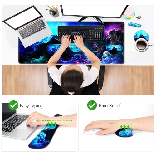 AIMSA Keyboard Mouse Pad Wrist Rest Set, Extended Desk Mat+ Ergonomic Mouse Pad with Wrist Rest+ Keyboard Wrist Support+ Coaster, 35x15.7in Large Mousepad for Home Office, Nebula Galaxy - color: Gorgeous Nebula Galaxy