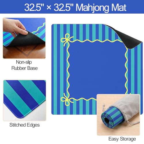 Blue Teal Mahjong Mat (32.5” x 32.5”) with Carrying Bag Non Slip Noise Reduction Gaming Mat Rubber Mahjong Table Cover Accessoriesfor Poker Board Games Dominoes - color: Blue Teal