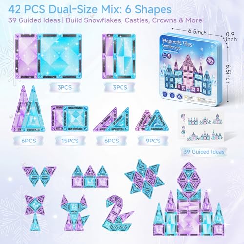 burgkidz Magnetic Travel Tiles for Kids 3-8: 42PCS Large & Small Ice Blue Purple Glitter Blocks – 2-in-1 Storage & Base – 90+ Min Quiet Play, 300+ Builds, 30s Cleanup – Car & Plane Toys for Girls - color: Blue