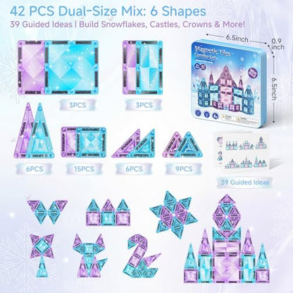 burgkidz Magnetic Travel Tiles for Kids 3-8: 42PCS Large & Small Ice Blue Purple Glitter Blocks – 2-in-1 Storage & Base – 90+ Min Quiet Play, 300+ Builds, 30s Cleanup – Car & Plane Toys for Girls - color: Blue